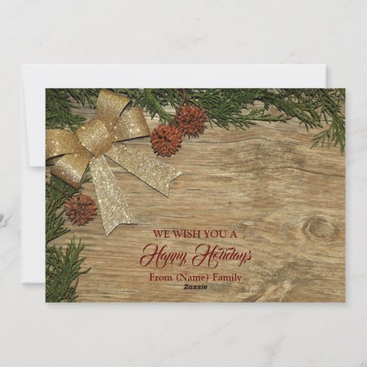 Christmas Greeting Golden Bow Green Leaves Red Feestdagenkaart (Achterkant)