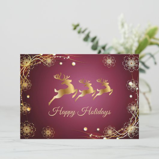 Christmas Greeting Golden Reindeers Red Pink Feestdagenkaart (Staand voorkant)