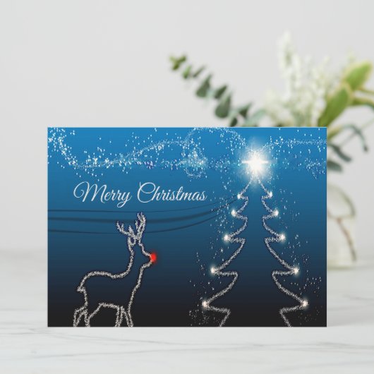 Christmas Greeting Reindeer Tree Blue Sky Shiny Feestdagenkaart (Staand voorkant)