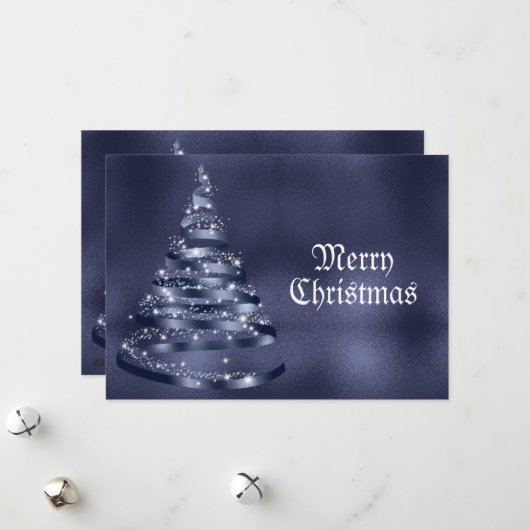 Christmas Greeting Shiny Blue Ribbon Tree Sparkle Feestdagenkaart (Voorkant / Achterkant in situ)