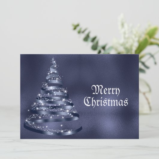 Christmas Greeting Shiny Blue Ribbon Tree Sparkle Feestdagenkaart (Staand voorkant)