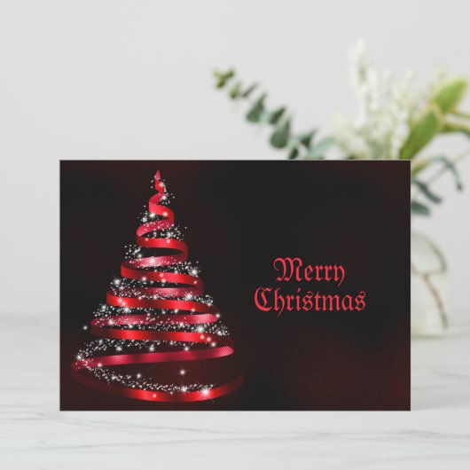 Christmas Greeting Shiny Red Ribbon Tree Sparkle Feestdagenkaart (Staand voorkant)