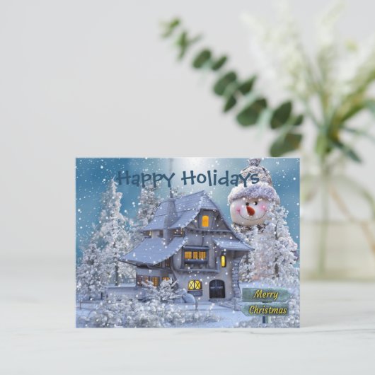 Christmas Greeting Winter Snowman Blue Rustic Briefkaart (Staand voorkant)