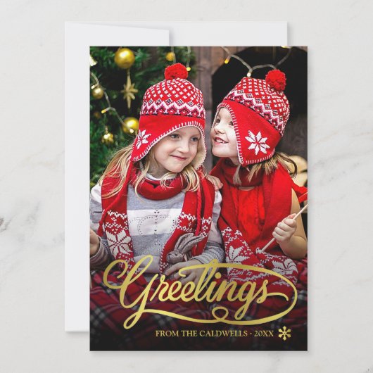 Christmas Greetings Gold Brush Script Family Photo Feestdagenkaart (Voorkant)