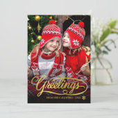 Christmas Greetings Gold Brush Script Family Photo Feestdagenkaart (Staand voorkant)