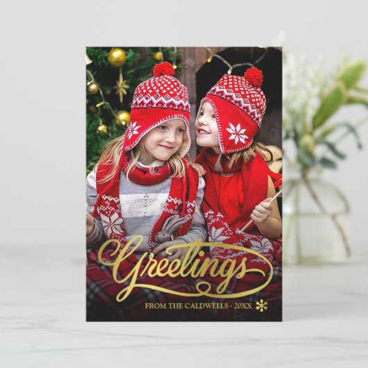 Christmas Greetings Gold Brush Script Family Photo Feestdagenkaart (Staand voorkant)