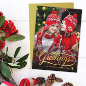 Christmas Greetings Gold Brush Script Family Photo Feestdagenkaart