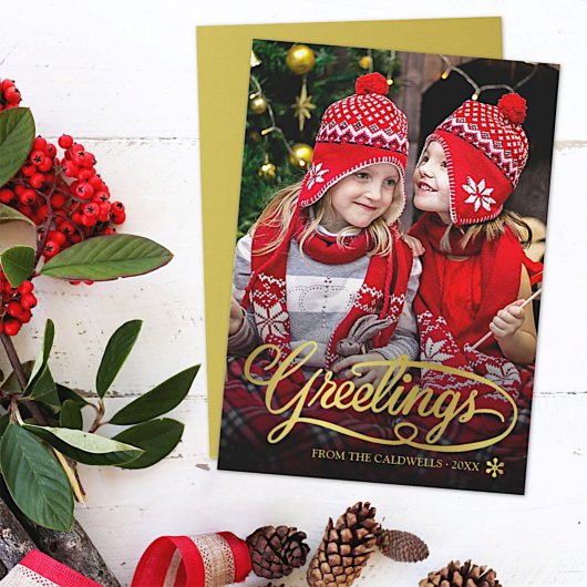 Christmas Greetings Gold Brush Script Family Photo Feestdagenkaart