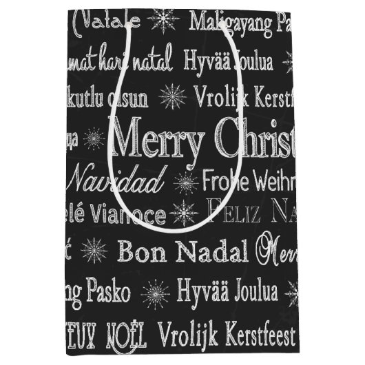 Christmas Greetings Multiple Languages Black Medium Cadeauzakje (Voorkant)
