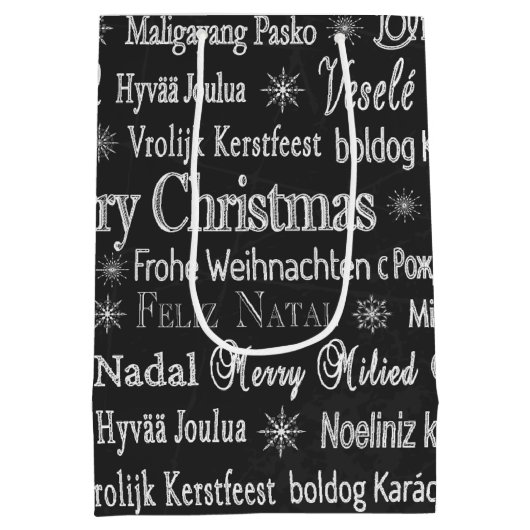 Christmas Greetings Multiple Languages Black Medium Cadeauzakje (Achterkant)