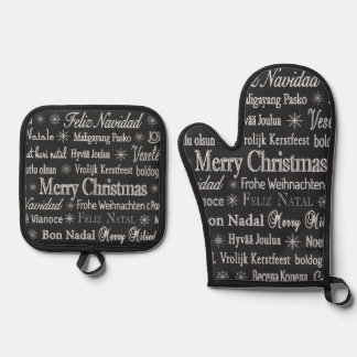 Christmas Greetings Multiple Languages Chalkboard Ovenwant & Pannenlap Set