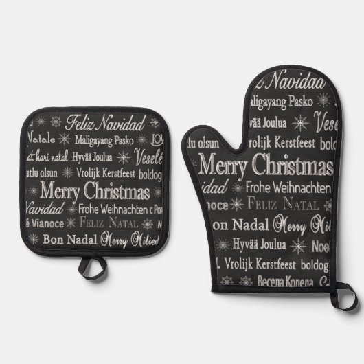 Christmas Greetings Multiple Languages Chalkboard Ovenwant & Pannenlap Set (Voorkant)