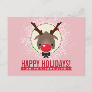 CHRISTMAS GREETTING Red nosed render rudolph roze Feestdagenkaart