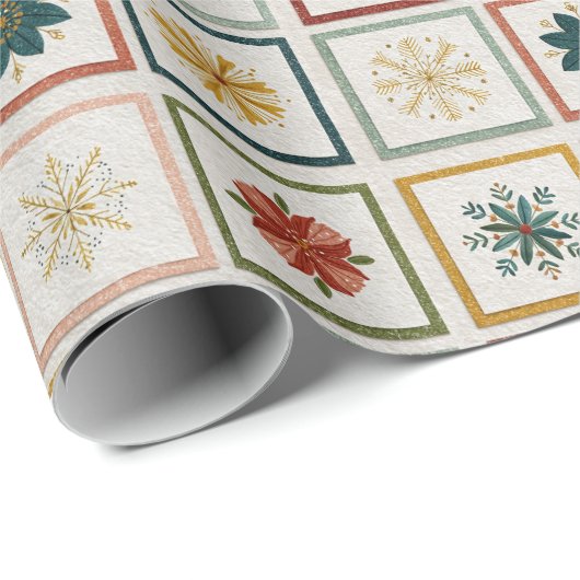 Christmas Grid of Flowers, Leaves & Snowflakes Cadeaupapier (Rol Hoek)