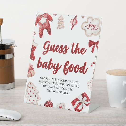 Christmas Guess de Baby Food Baby shower Game Reclamebord Met Voetstuk (Insitu)