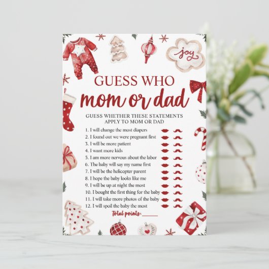 Christmas Guess Wie Mam of Pap Baby shower Spel Kaart (Staand voorkant)