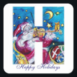 CHRISTMAS H LETTER/INSPIRED SANTA MONOGRAM VIERKANTE STICKER<br><div class="desc">H alfabet letter monogram design .Musical, whimsical en artistieke waterverf met levendige rode, blauwe, gele, witte kleuren door Bulgan Lumini (c). De kerstman speelt viool in de sneeuwwinternacht onder de blauwe hemel, de maan en de gele sterren met een grappige, expressieve uil, een kat en zijn kerstzak vol kleurrijke cadeaus...</div>