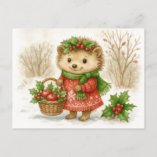 Christmas Hedgehog Watercolor Postcard Feestdagenkaart (Voorkant)