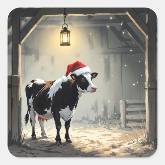 Christmas Hereford Cow In Barn Doorway Vierkante Sticker (Voorkant)