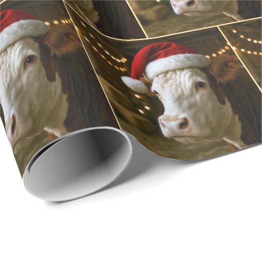 Christmas Hereford Cow Wearing a Santa Hat Cadeaupapier (Rol Hoek)