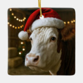 Christmas Hereford Cow Wearing a Santa Hat Keramisch Ornament (Voorkant)