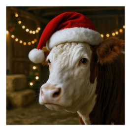 Christmas Hereford Cow Wearing a Santa Hat Perfect Poster