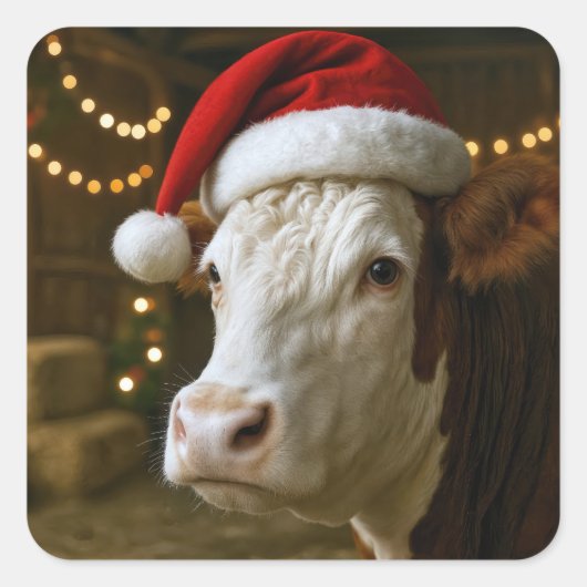 Christmas Hereford Cow Wearing a Santa Hat Vierkante Sticker (Voorkant)