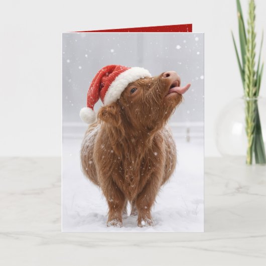 Christmas Highland Cow Catching Snowflakes Kaart (Voorkant)