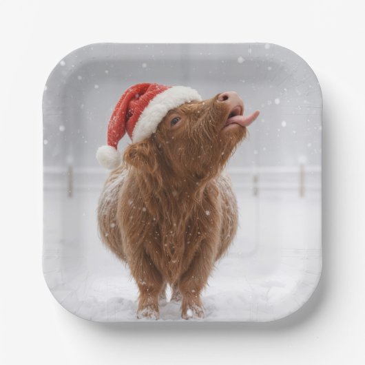 Christmas Highland Cow Catching Snowflakes Papieren Bordje (Voorkant)