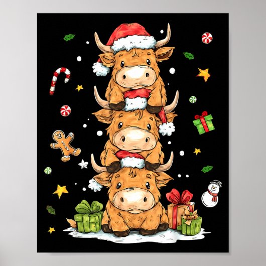 Christmas Highland Cow Cute Heifer Cow Santa Hat M Poster (Voorkant)