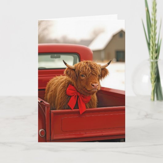 Christmas Highland Cow In Old Red Pickup Truck Kaart (Voorkant)