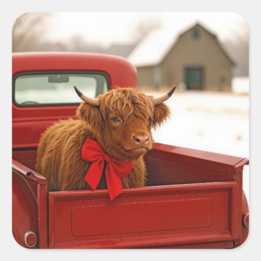 Christmas Highland Cow In Old Red Truck Vierkante Sticker (Voorkant)