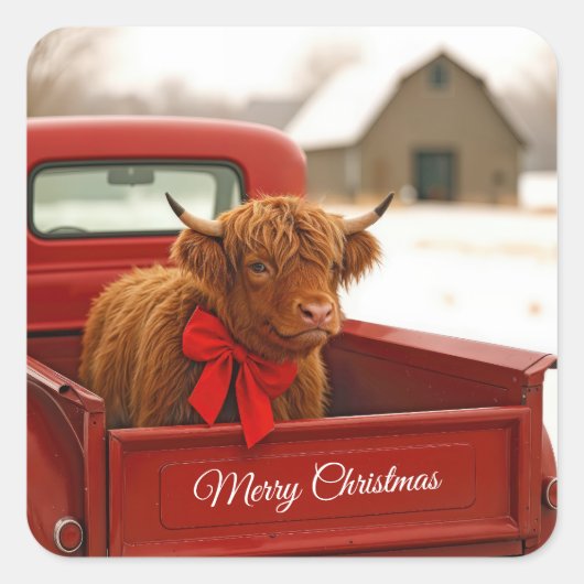 Christmas Highland Cow In Old Red Truck Vierkante Sticker (Voorkant)