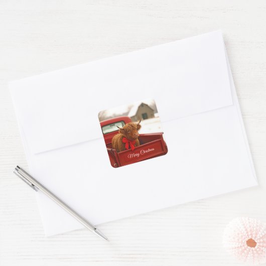Christmas Highland Cow In Old Red Truck Vierkante Sticker (Envelop)