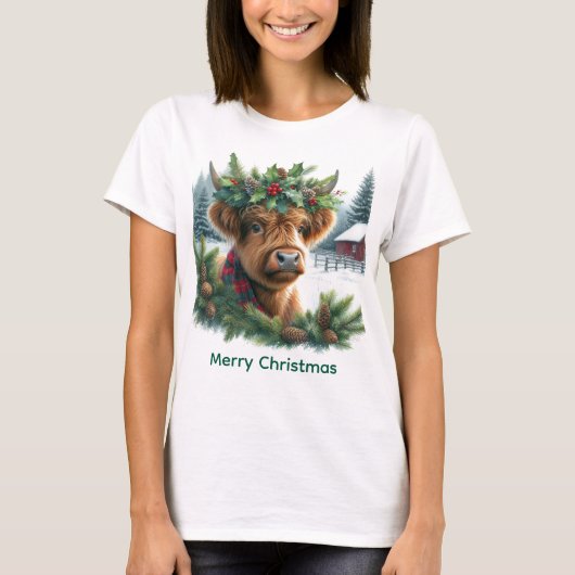 Christmas Highland Cow with Pine T-shirt (Voorkant)