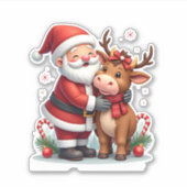 Christmas Highland Cow With Santa Scottish Vintage Sticker (Voorkant)