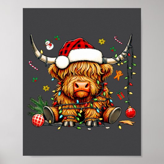 Christmas Highland Cow Xmas Santa Hat Wooly Farm A Poster (Voorkant)