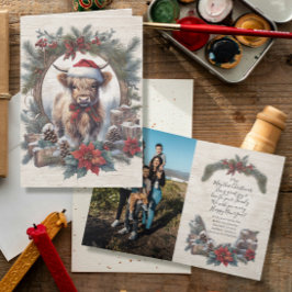 Christmas Highland Koe  krans Familie Foto Bedankkaart