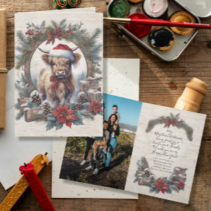Christmas Highland Koe  krans Familie Foto Bedankkaart