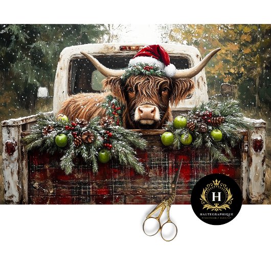 Christmas Highland Koe Rustic Truck Decoupage Tissuepapier