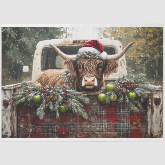 Christmas Highland Koe Rustic Truck Decoupage Tissuepapier (Voorkant)