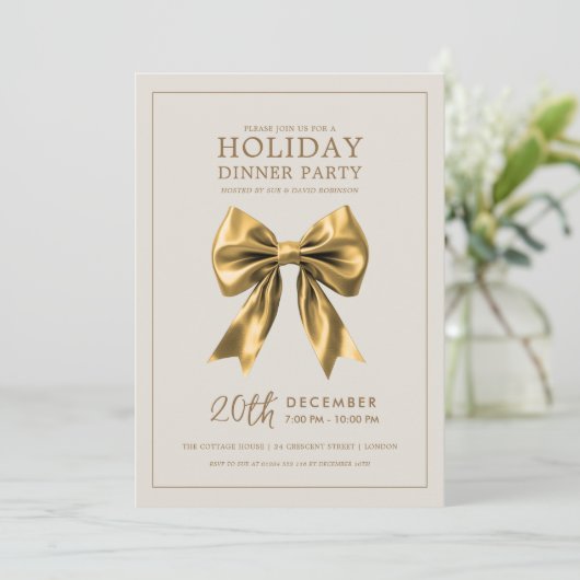Christmas Holiday Dinner Party Gold Satin Bow Kaart (Staand voorkant)