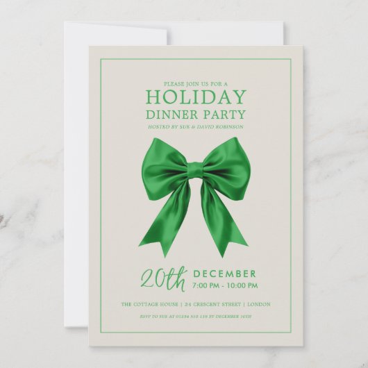 Christmas Holiday Dinner Party Green Satin Bow Kaart (Voorkant)