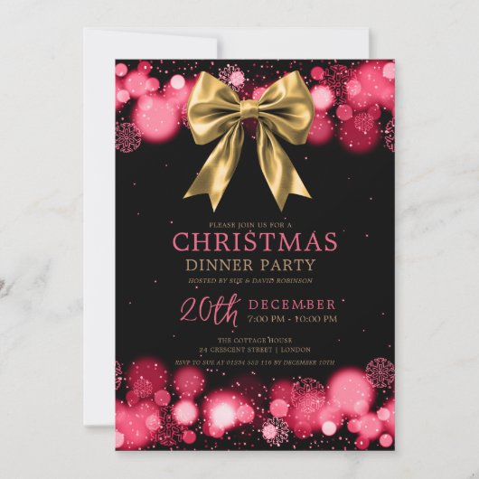 Christmas Holiday Dinner Party Winter Gold Bow Red Kaart (Voorkant)