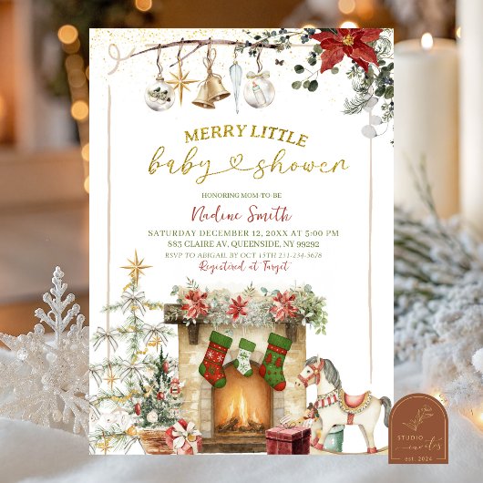 Christmas Holiday Fireplace Baby Shower Kaart