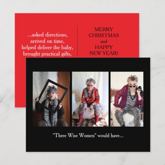 Christmas holiday humor with 3 wise women feestdagenkaart (Voorkant / Achterkant)