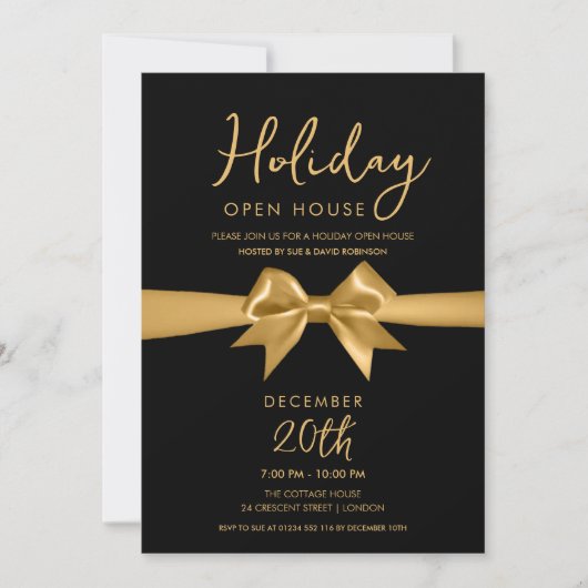 Christmas Holiday Open House Gold Bow Black Kaart (Voorkant)
