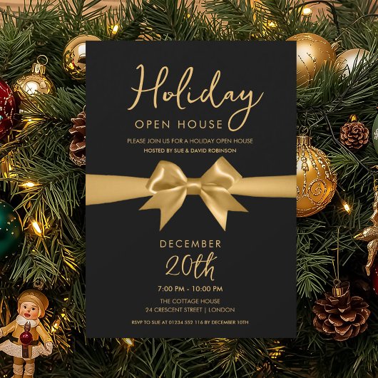 Christmas Holiday Open House Gold Bow Black Kaart