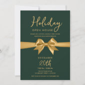 Christmas Holiday Open House Gold Bow Green  Kaart (Voorkant)