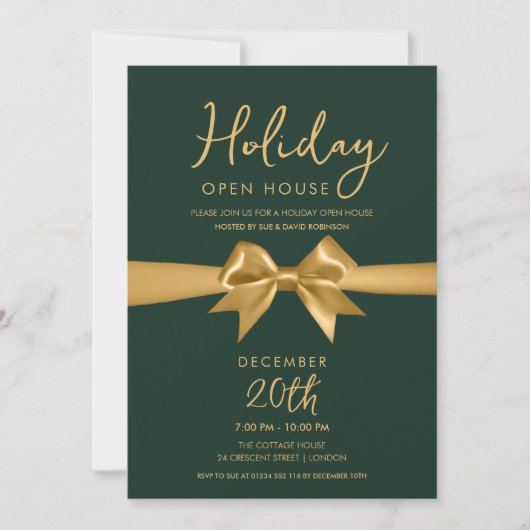 Christmas Holiday Open House Gold Bow Green Kaart (Voorkant)
